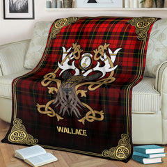 Wallace Hunting Red Tartan Crest Premium Blanket - Celtic Stag style