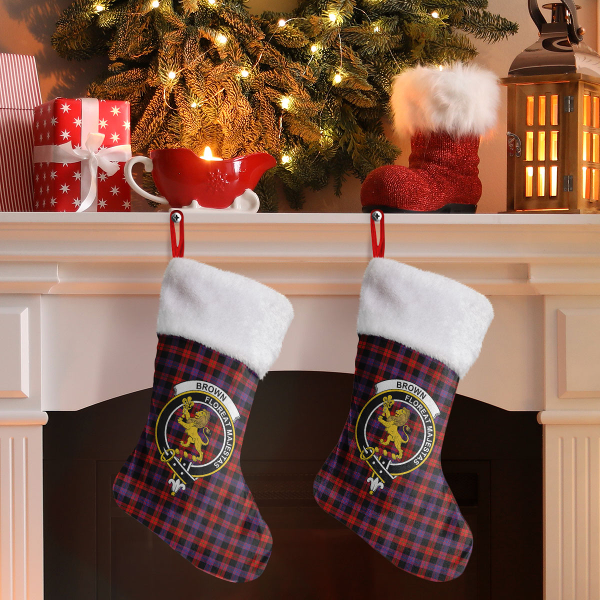 Brown Modern Tartan Crest Christmas Stocking