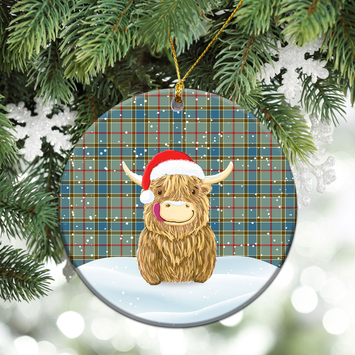 Balfour Blue Tartan Christmas Ceramic Ornament - Highland Cows Style