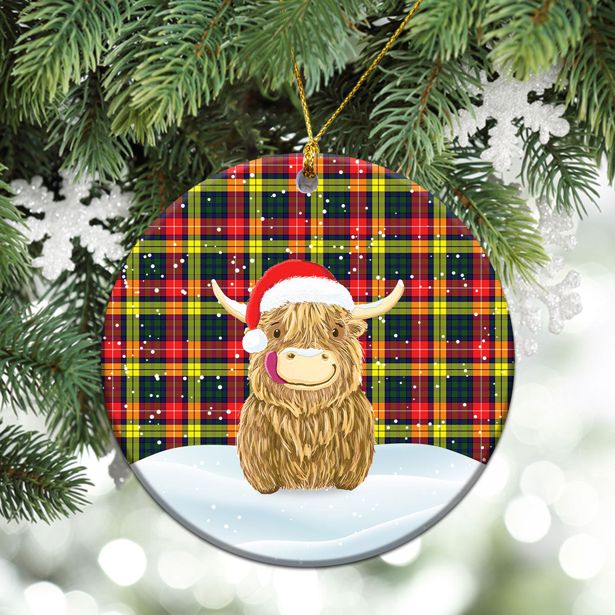 Buchanan Modern Tartan Christmas Ceramic Ornament - Highland Cows Style