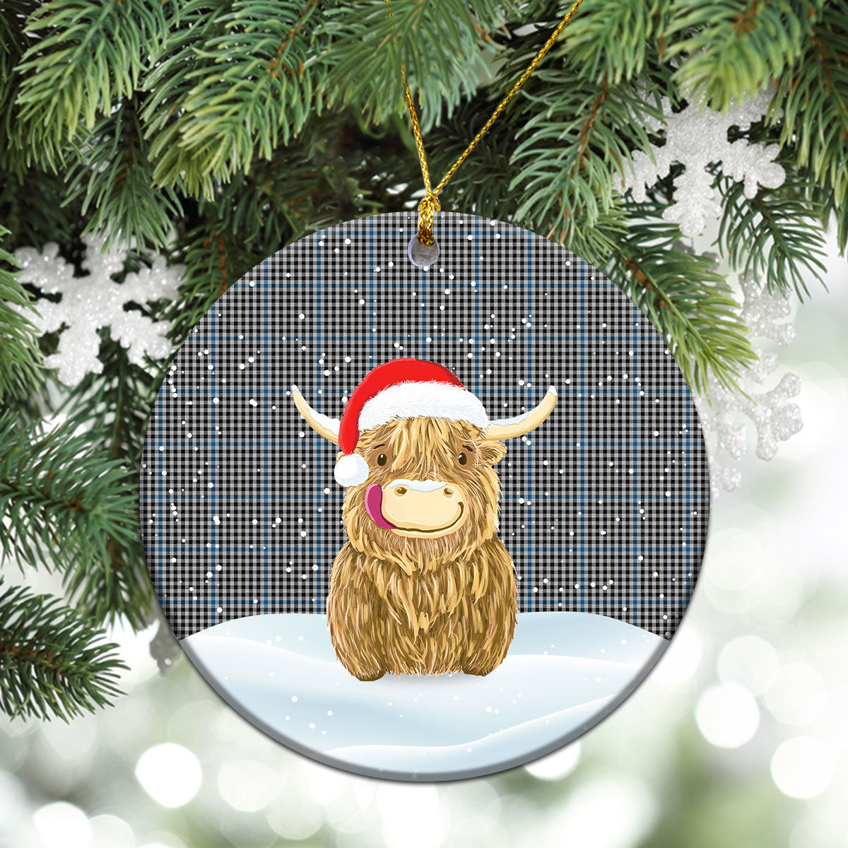 Gladstone Tartan Christmas Ceramic Ornament - Highland Cows Style