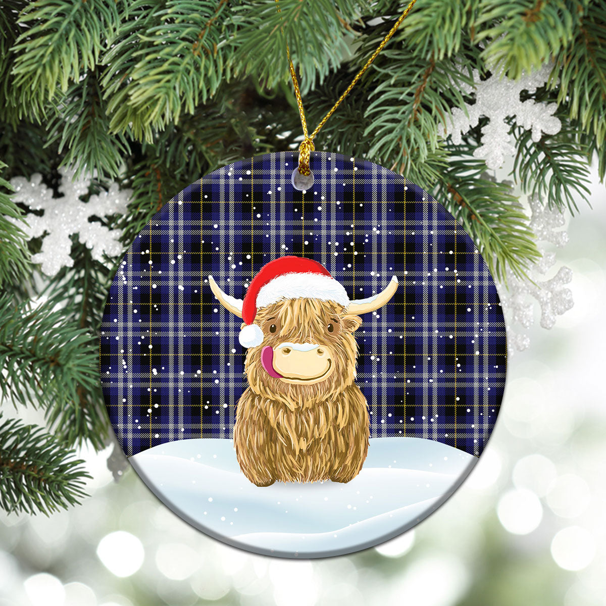 Kilmarnock Tartan Christmas Ceramic Ornament - Highland Cows Style