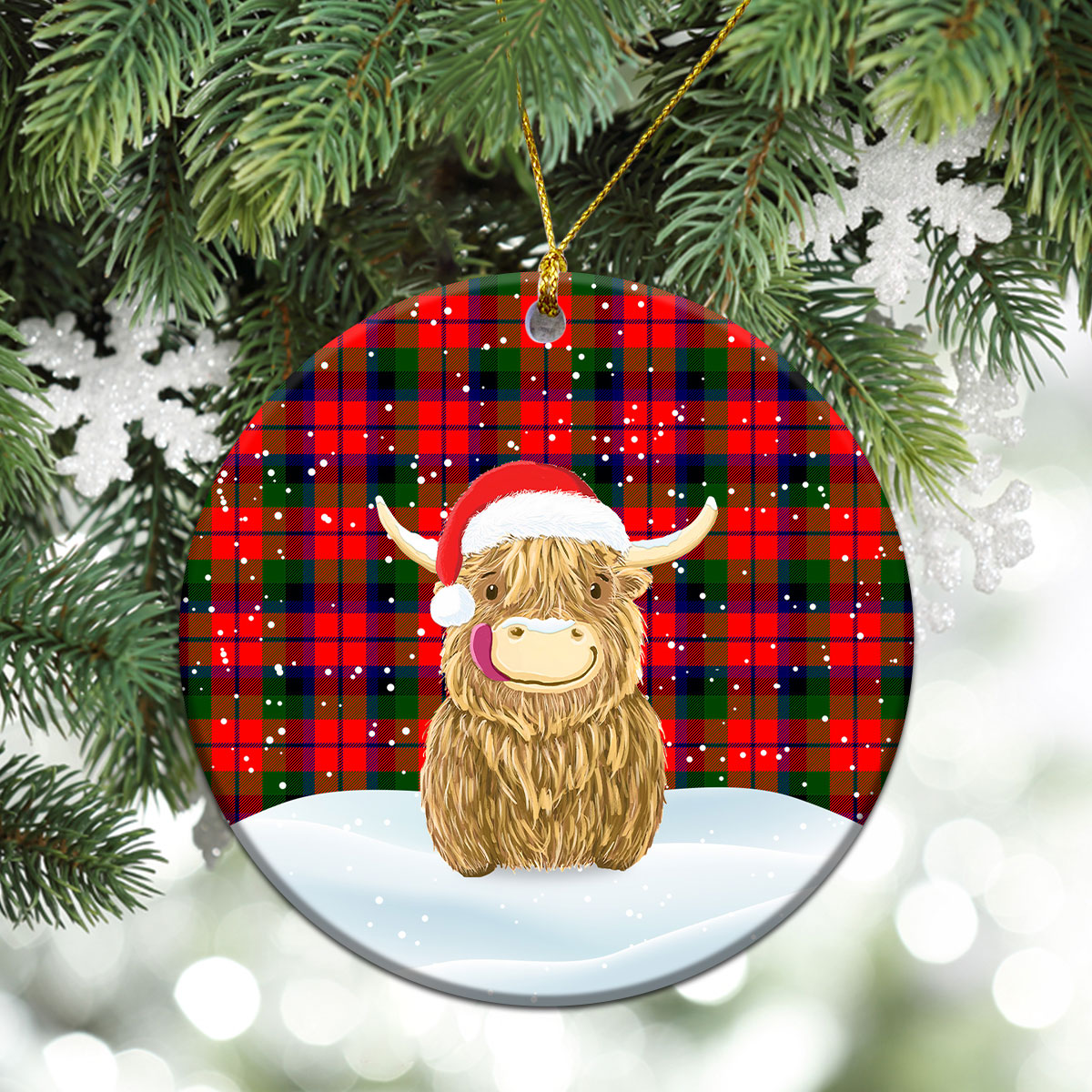 MacNaughten Tartan Christmas Ceramic Ornament - Highland Cows Style