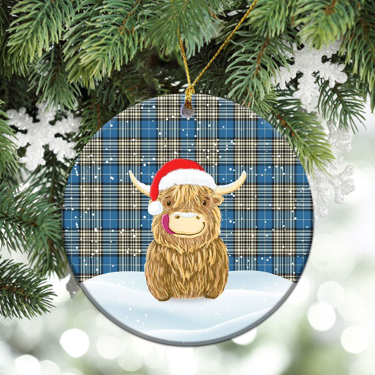 Napier Ancient Tartan Christmas Ceramic Ornament - Highland Cows Style