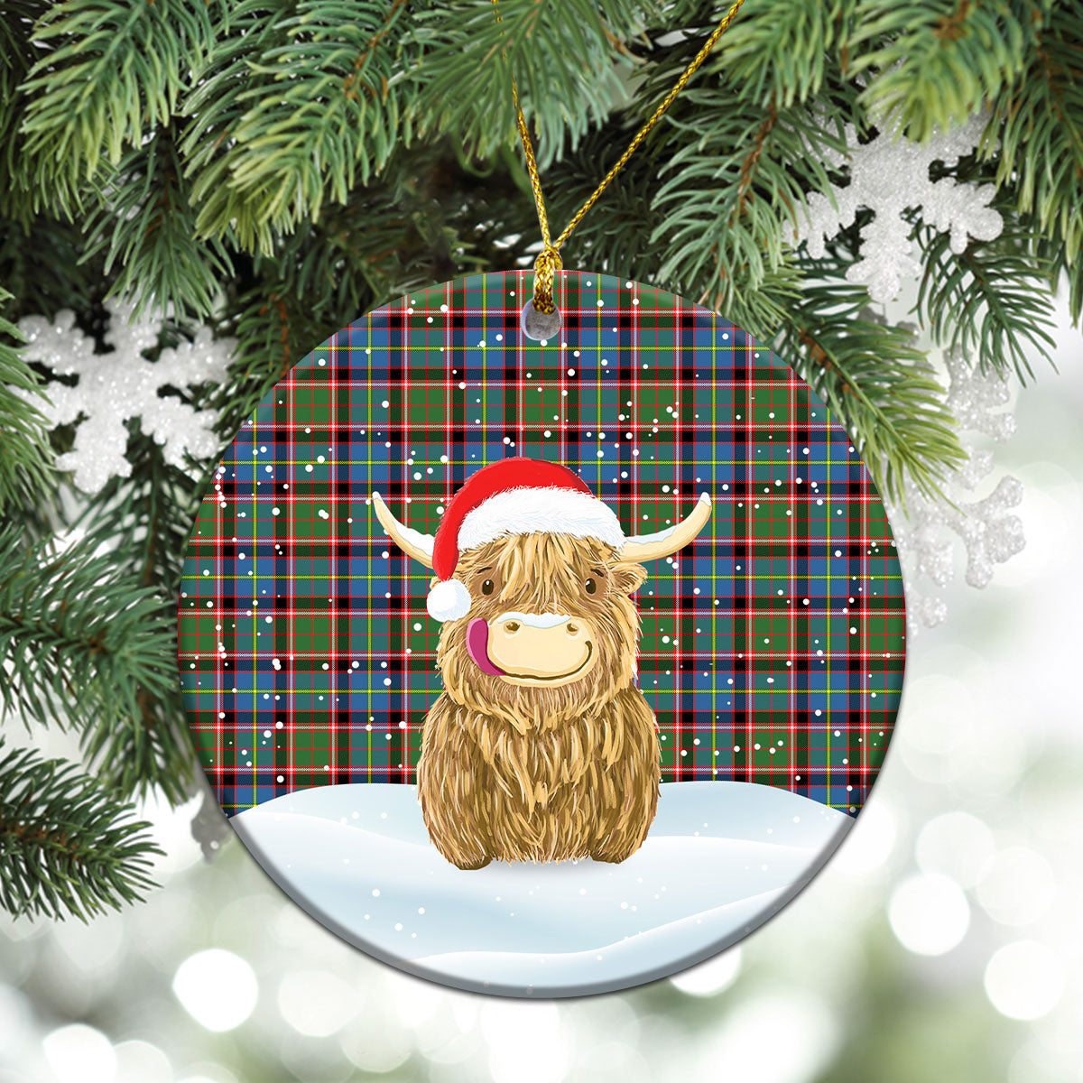 Norvel (or Norvill) Tartan Christmas Ceramic Ornament - Highland Cows Style