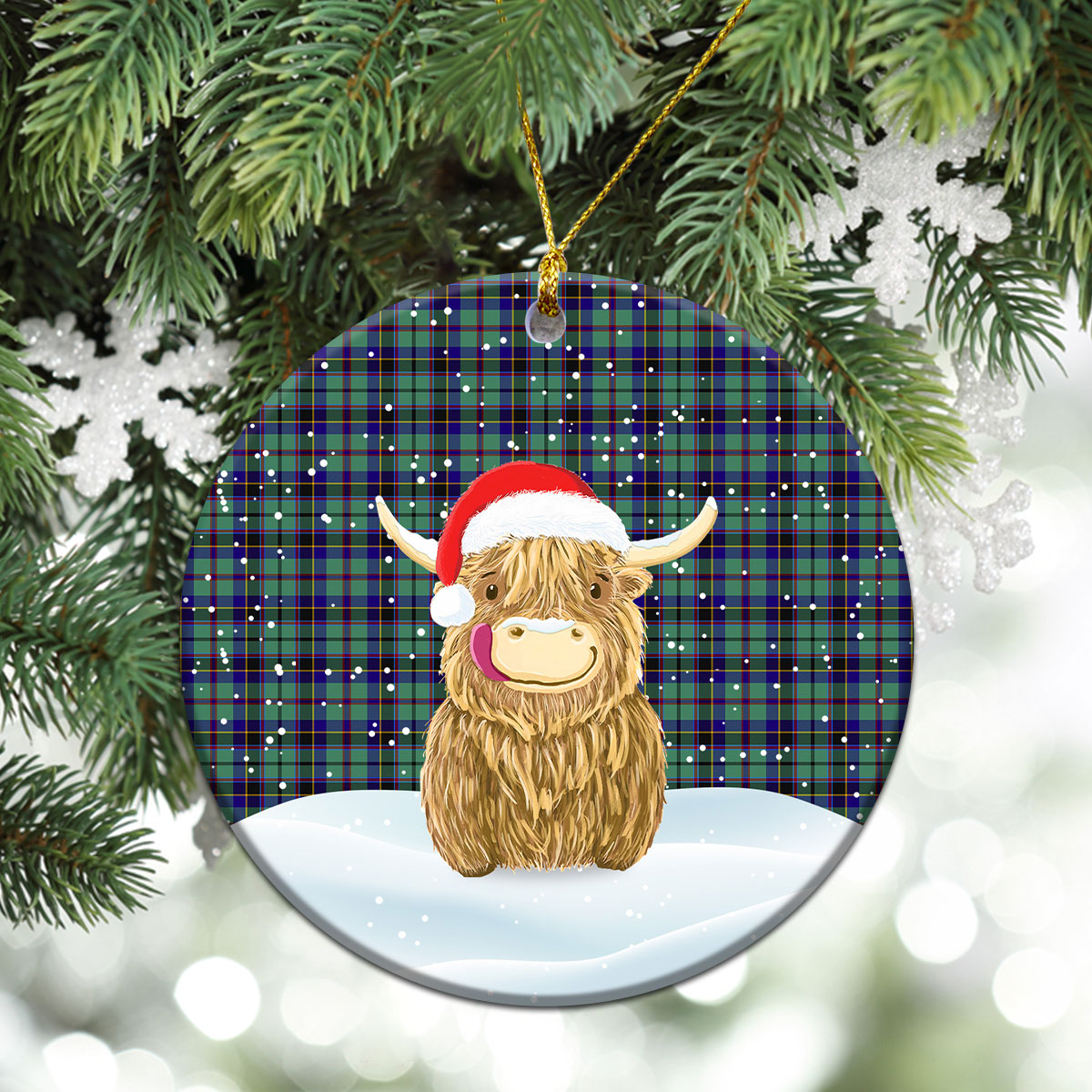 Stevenson Tartan Christmas Ceramic Ornament - Highland Cows Style