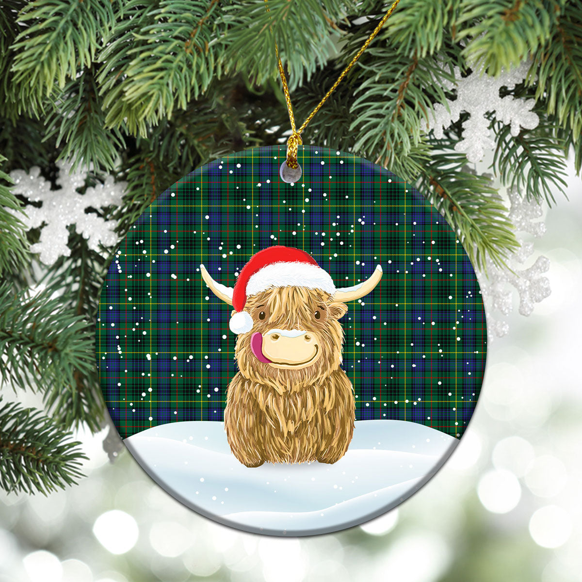 Stewart Hunting Modern Tartan Christmas Ceramic Ornament - Highland Cows Style