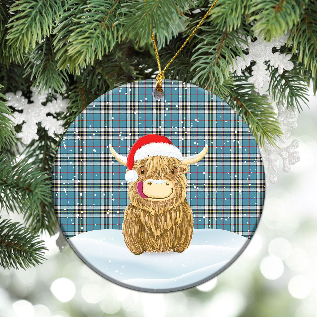 Thomson Blue Tartan Christmas Ceramic Ornament - Highland Cows Style