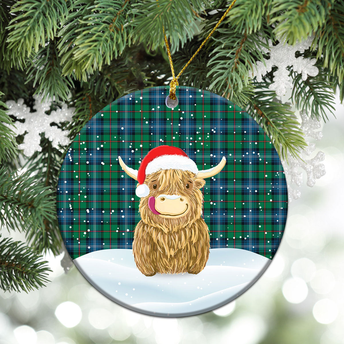 Urquhart Ancient Tartan Christmas Ceramic Ornament - Highland Cows Style