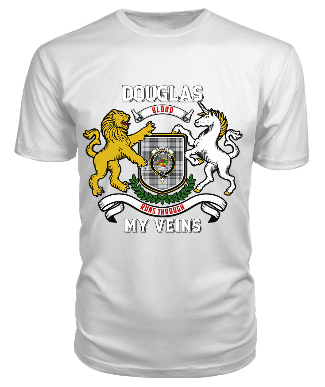 Douglas Grey Modern Tartan Crest 2D T-shirt - Blood Runs Through My Veins Style