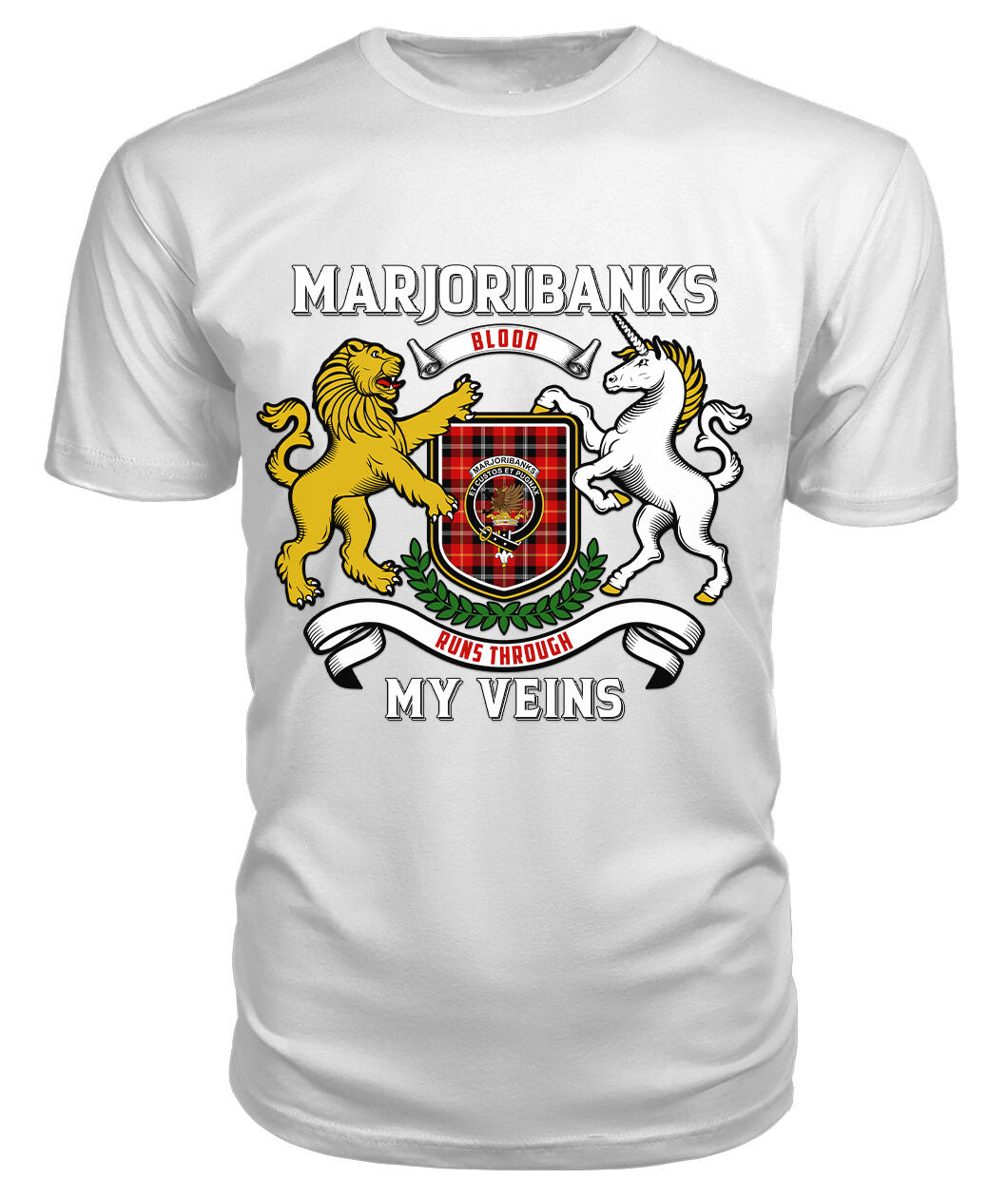 Marjoribanks Tartan Crest 2D T-shirt - Blood Runs Through My Veins Style