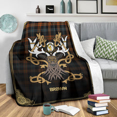 Brown Ancient Tartan Crest Premium Blanket - Celtic Stag style