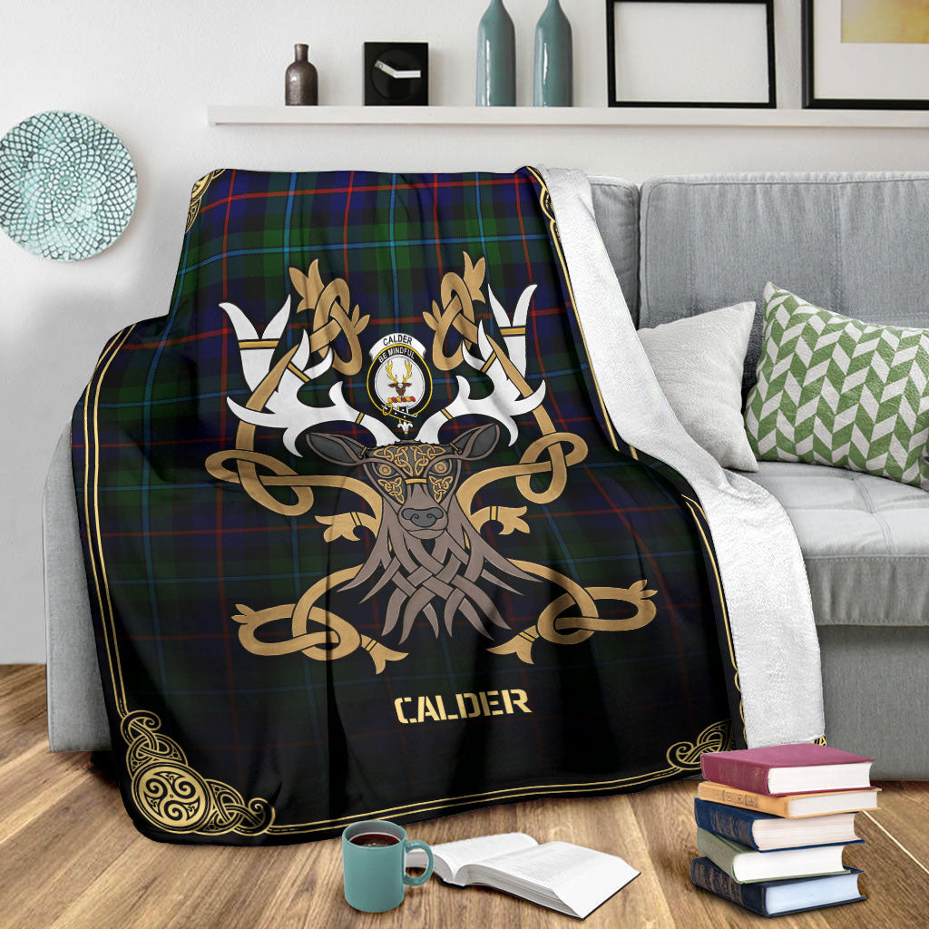 Calder Tartan Crest Premium Blanket - Celtic Stag style