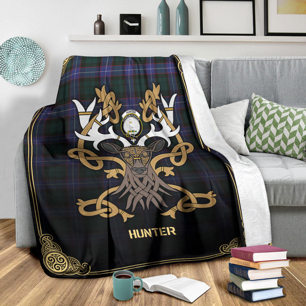Hunter Modern Tartan Crest Premium Blanket - Celtic Stag style