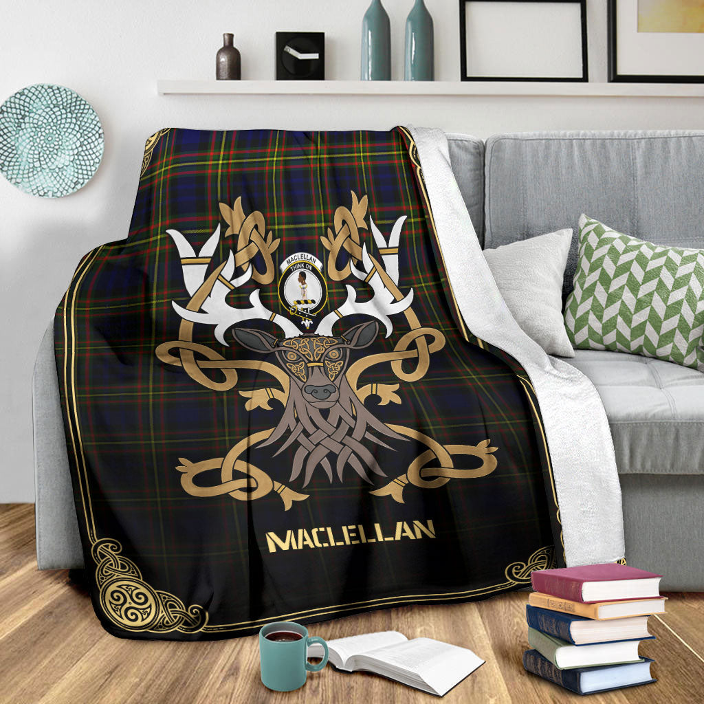 MacLellan Modern Tartan Crest Premium Blanket - Celtic Stag style