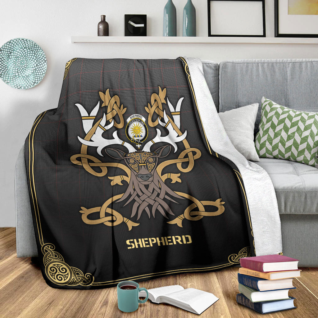 Shepherd Tartan Crest Premium Blanket - Celtic Stag style