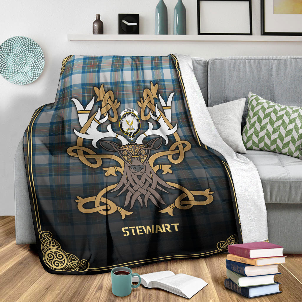 Stewart Muted Blue Tartan Crest Premium Blanket - Celtic Stag style