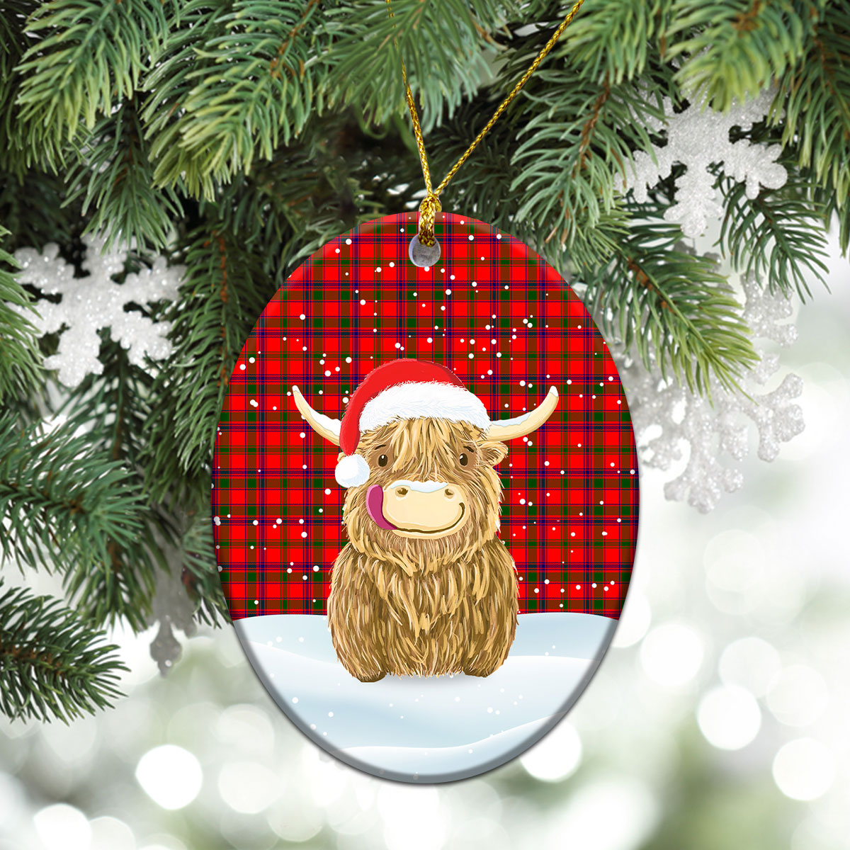 Bain Tartan Christmas Ceramic Ornament - Highland Cows Style