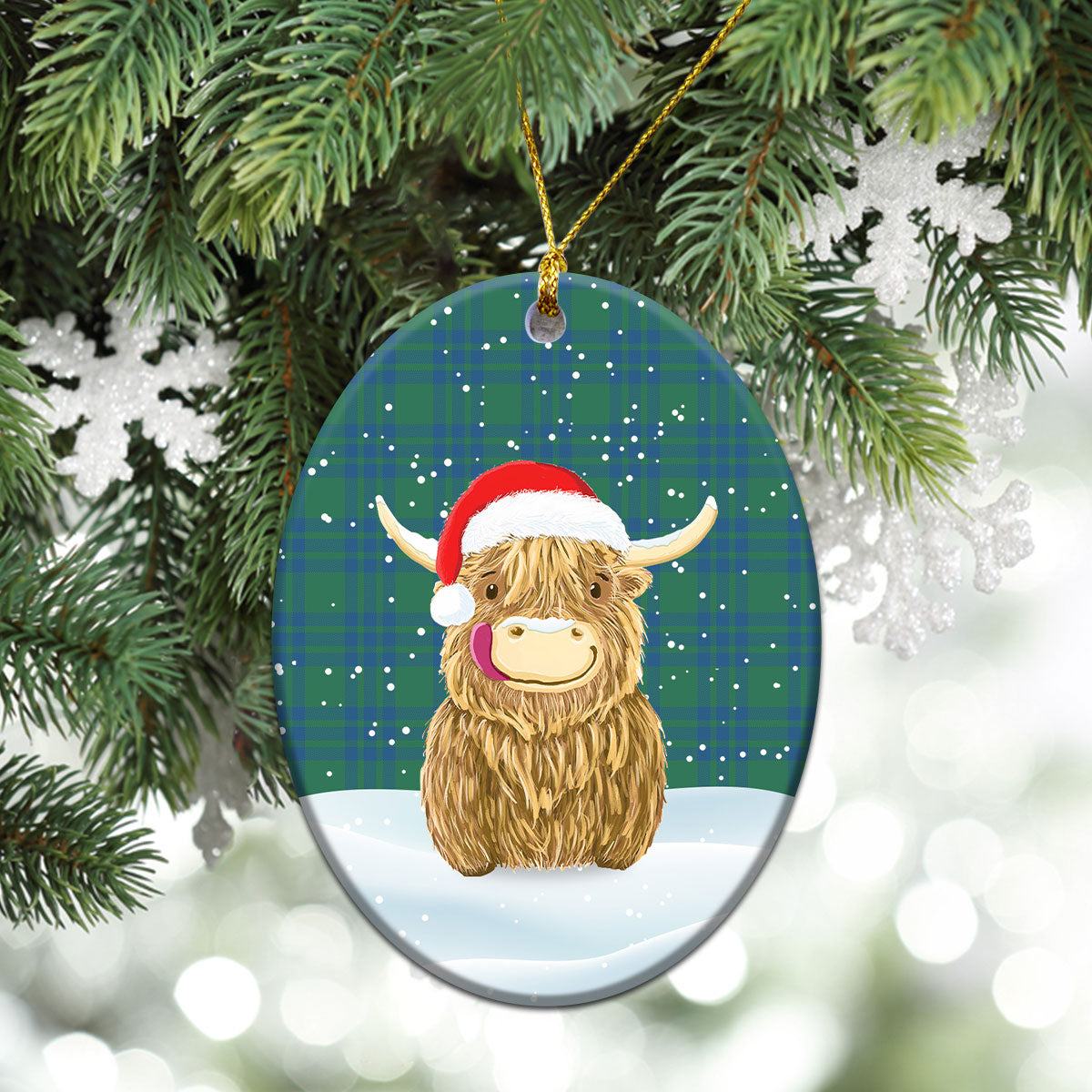 Montgomery Ancient Tartan Christmas Ceramic Ornament - Highland Cows Style