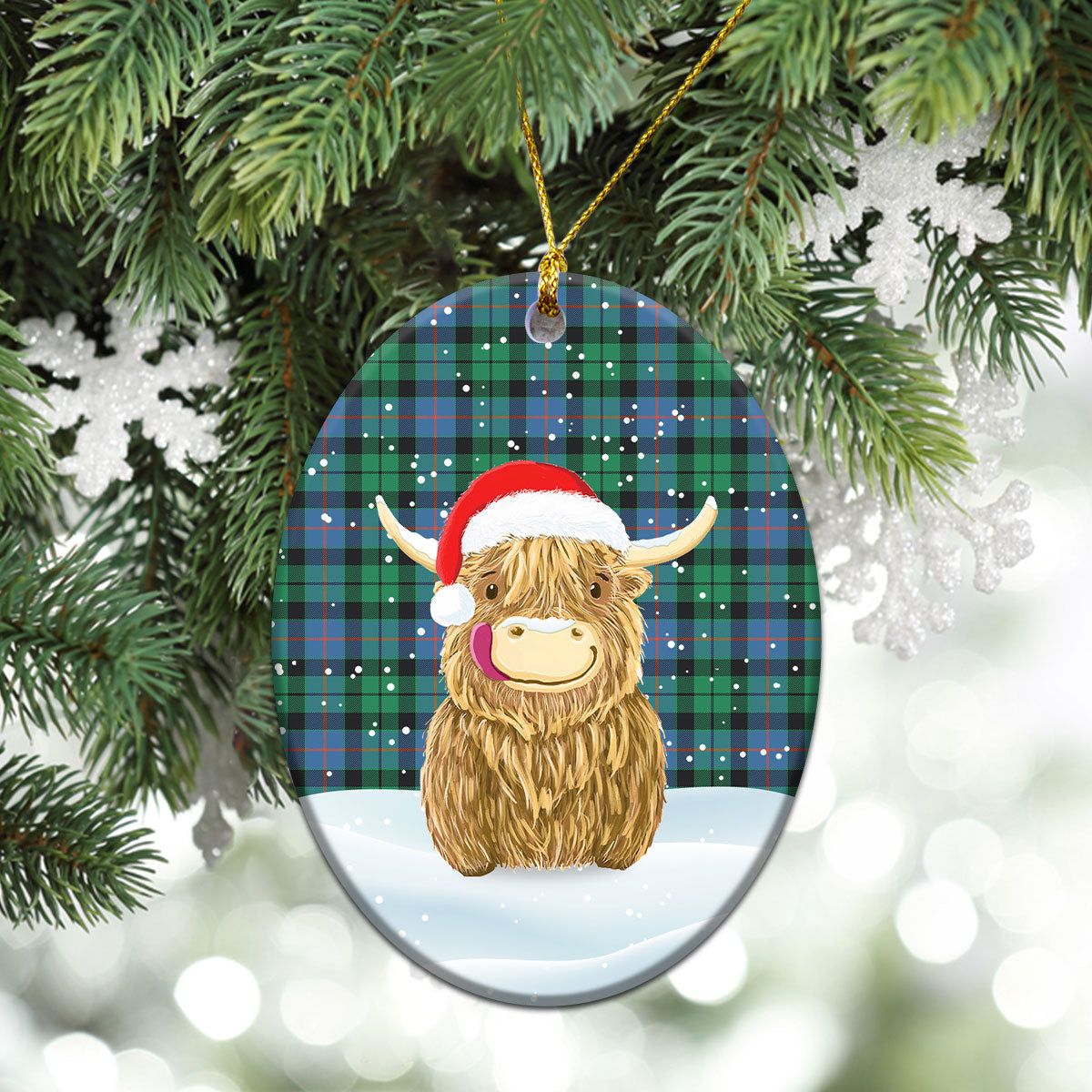 Morrison Ancient Tartan Christmas Ceramic Ornament - Highland Cows Style