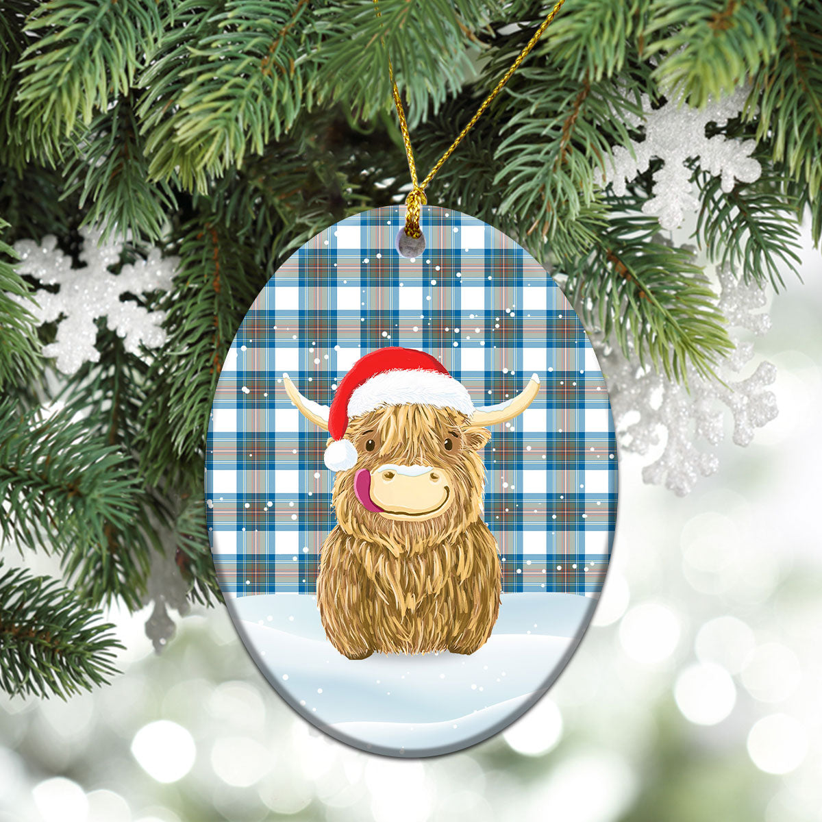 Stewart Muted Blue Tartan Christmas Ceramic Ornament - Highland Cows Style