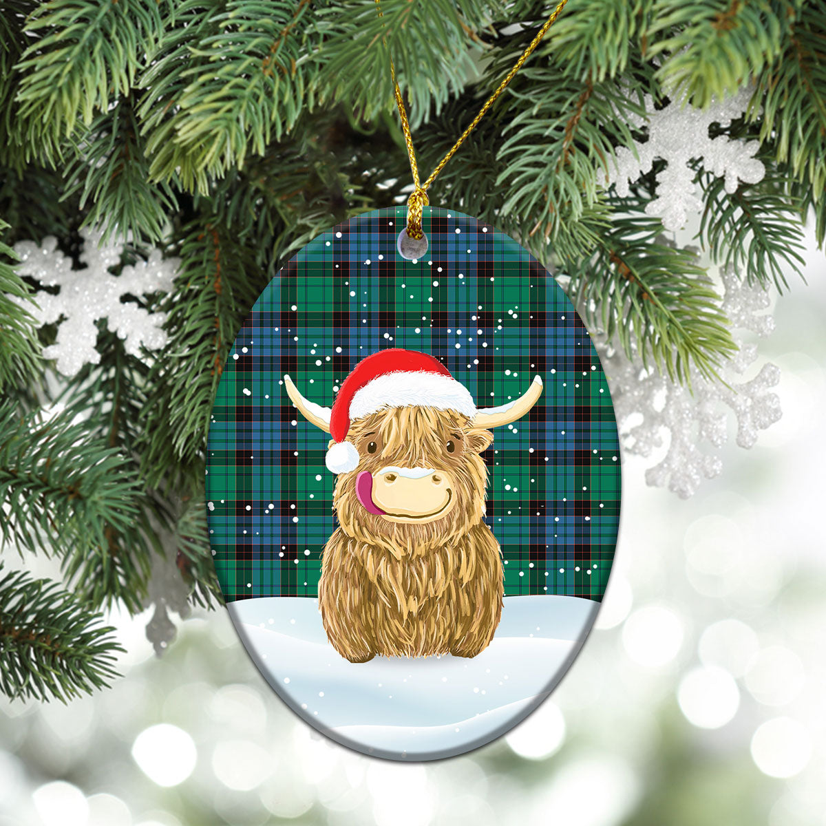 Stewart Old Ancient Tartan Christmas Ceramic Ornament - Highland Cows Style