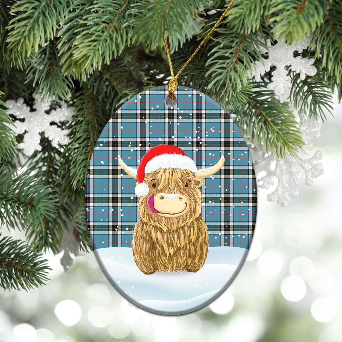 Thomson Blue Tartan Christmas Ceramic Ornament - Highland Cows Style