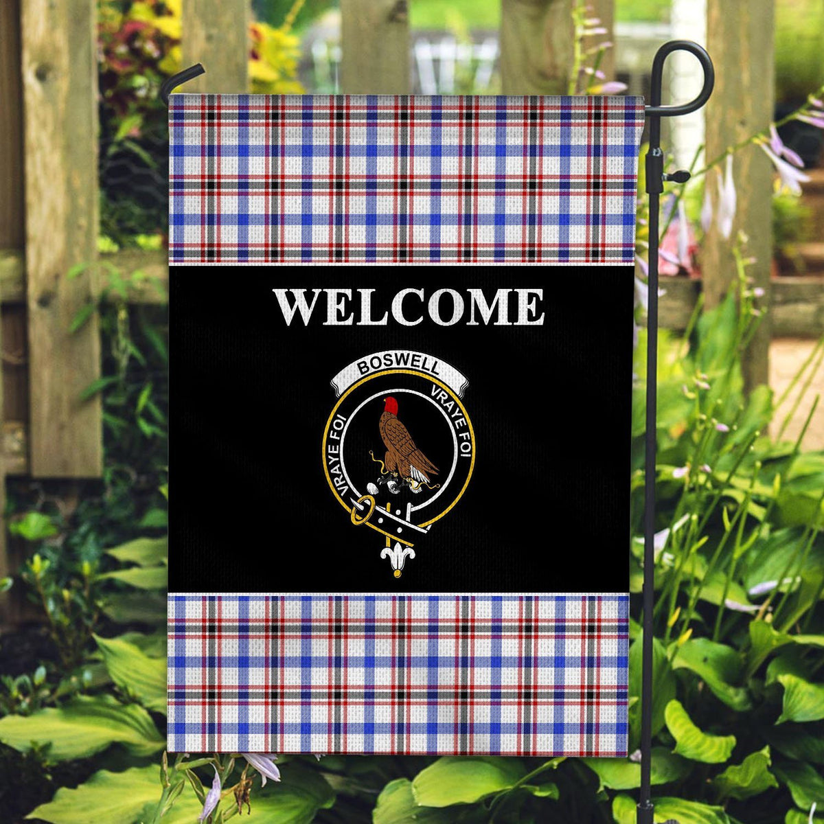 Boswell Tartan Crest Black Garden Flag