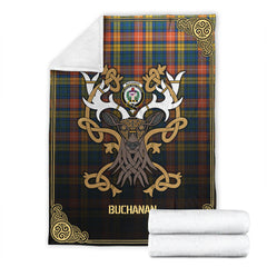 Buchanan Ancient Tartan Crest Premium Blanket - Celtic Stag style