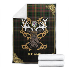 Buchanan Hunting Tartan Crest Premium Blanket - Celtic Stag style