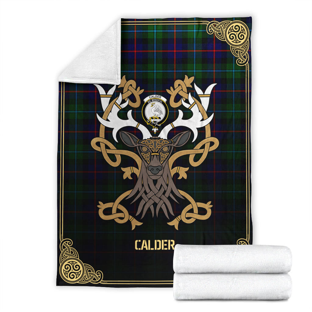 Calder (Calder-Campbell) Tartan Crest Premium Blanket - Celtic Stag style