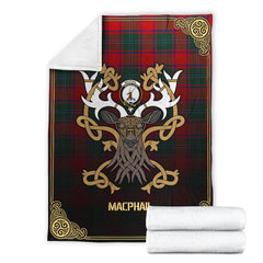 MacPhail Clan Tartan Crest Premium Blanket - Celtic Stag style