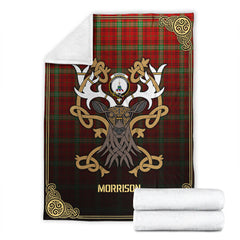 Morrison Red Modern Tartan Crest Premium Blanket - Celtic Stag style