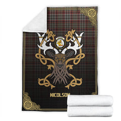 Nicolson Hunting Weathered Tartan Crest Premium Blanket - Celtic Stag style