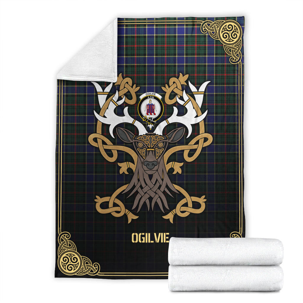 Ogilvie Hunting Modern Tartan Crest Premium Blanket - Celtic Stag style