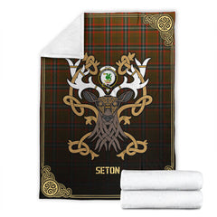 Seton Hunting Modern Tartan Crest Premium Blanket - Celtic Stag style