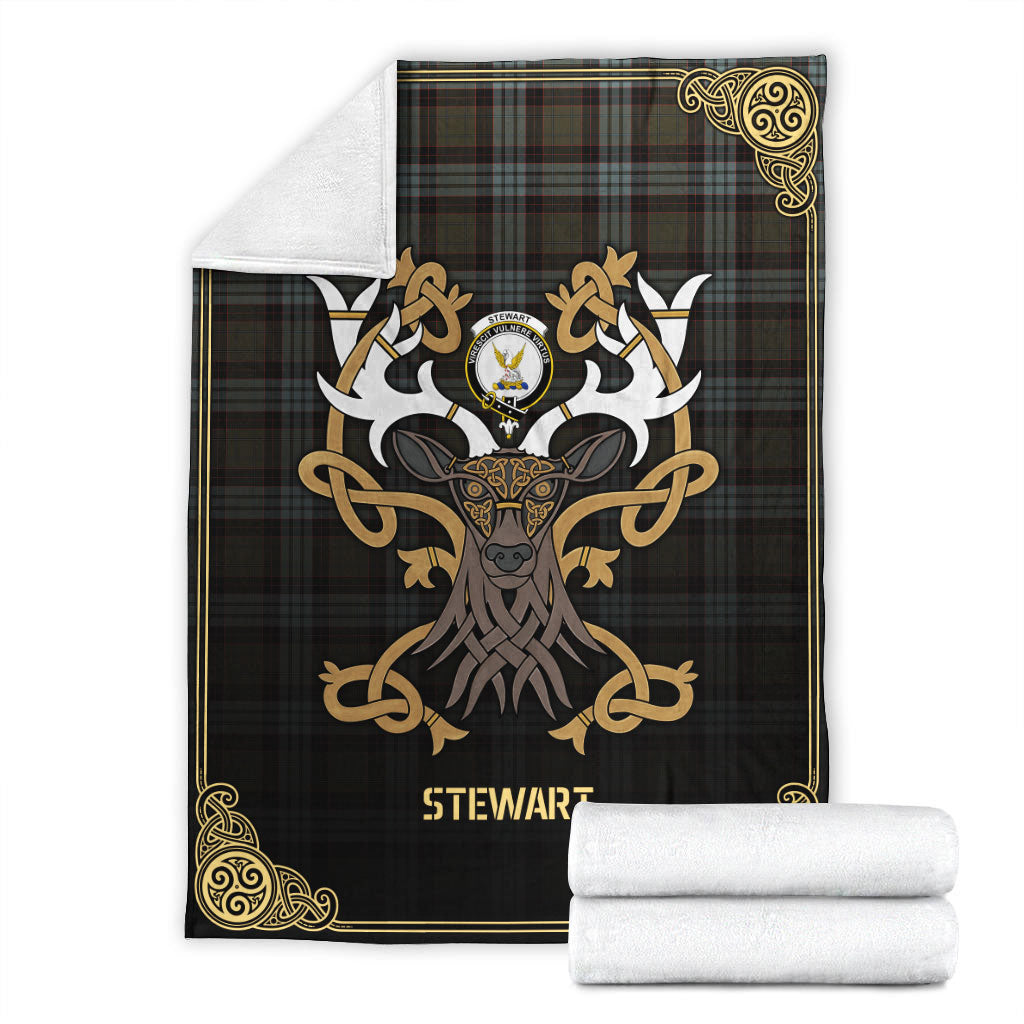 Stewart Old Weathered Tartan Crest Premium Blanket - Celtic Stag style