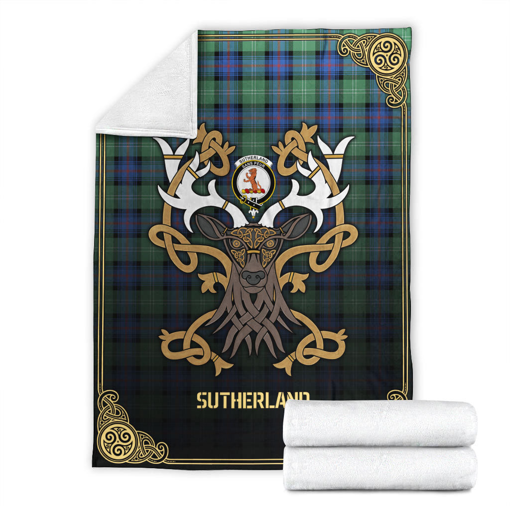 Sutherland Old Ancient Tartan Crest Premium Blanket - Celtic Stag style