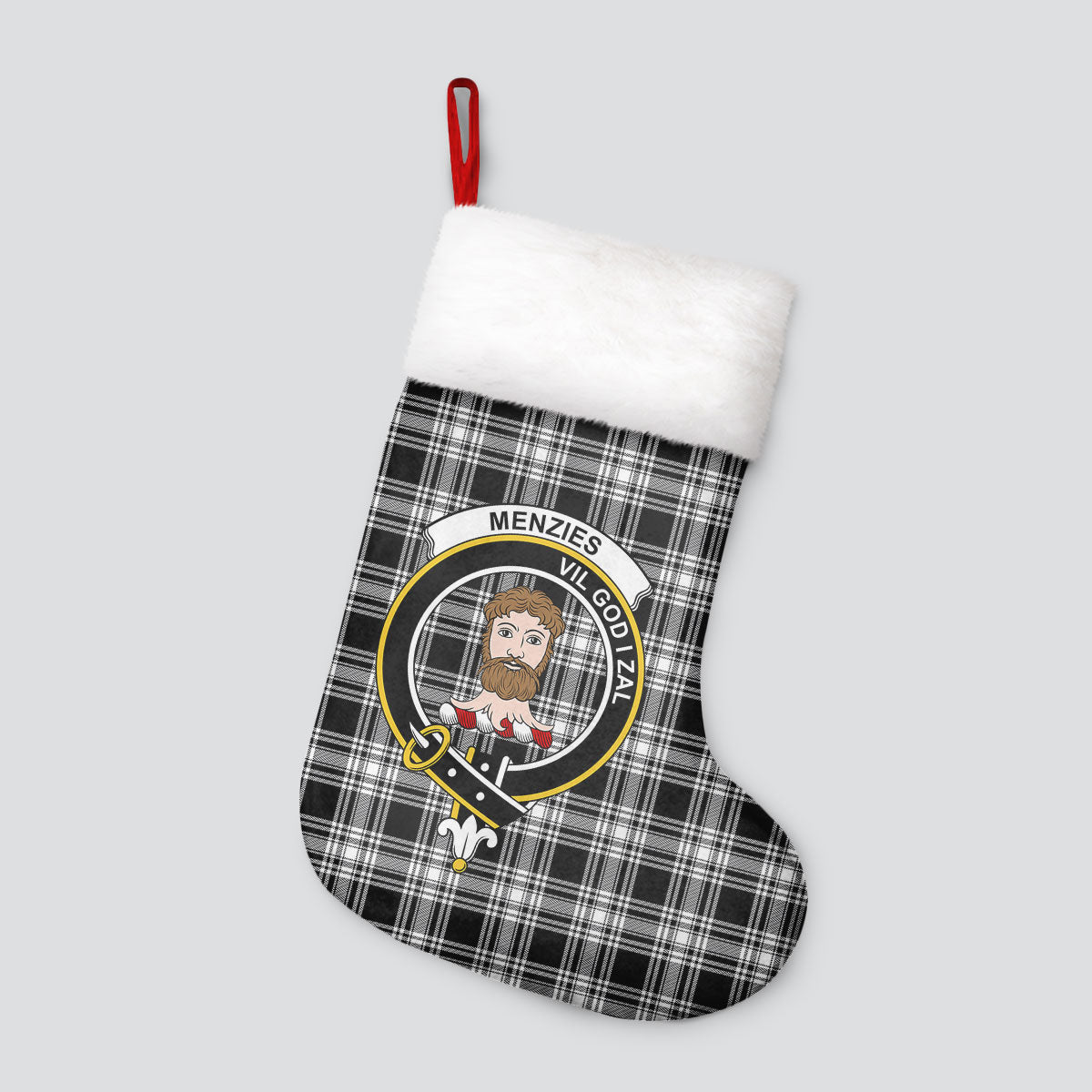 Menzies Black _ White Modern Tartan Crest Christmas Stocking