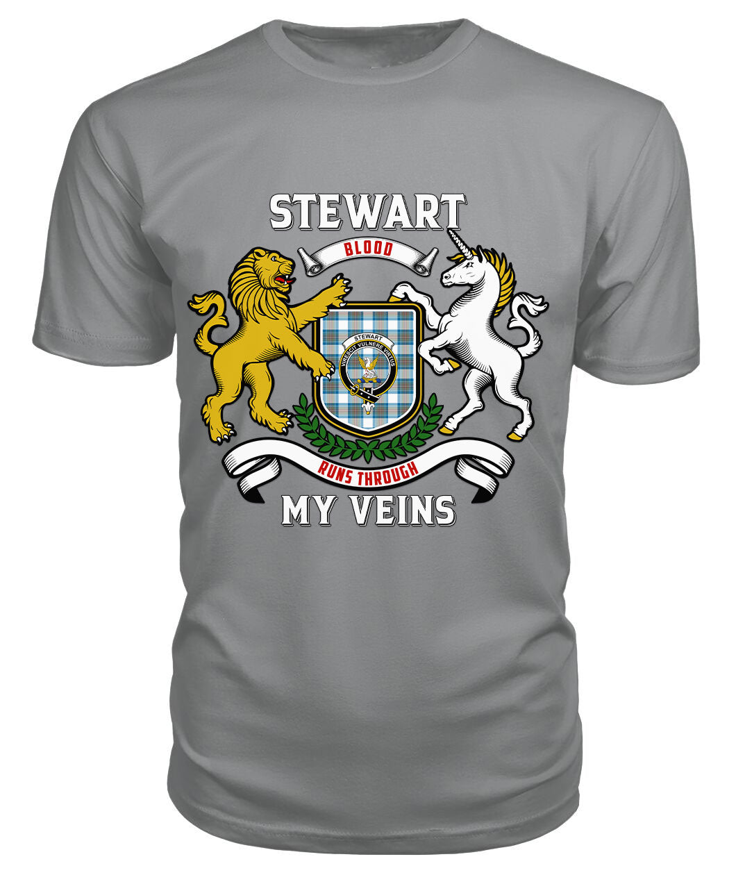 Stewart Muted Blue Tartan Crest 2D T-shirt - Blood Runs Through My Veins Style