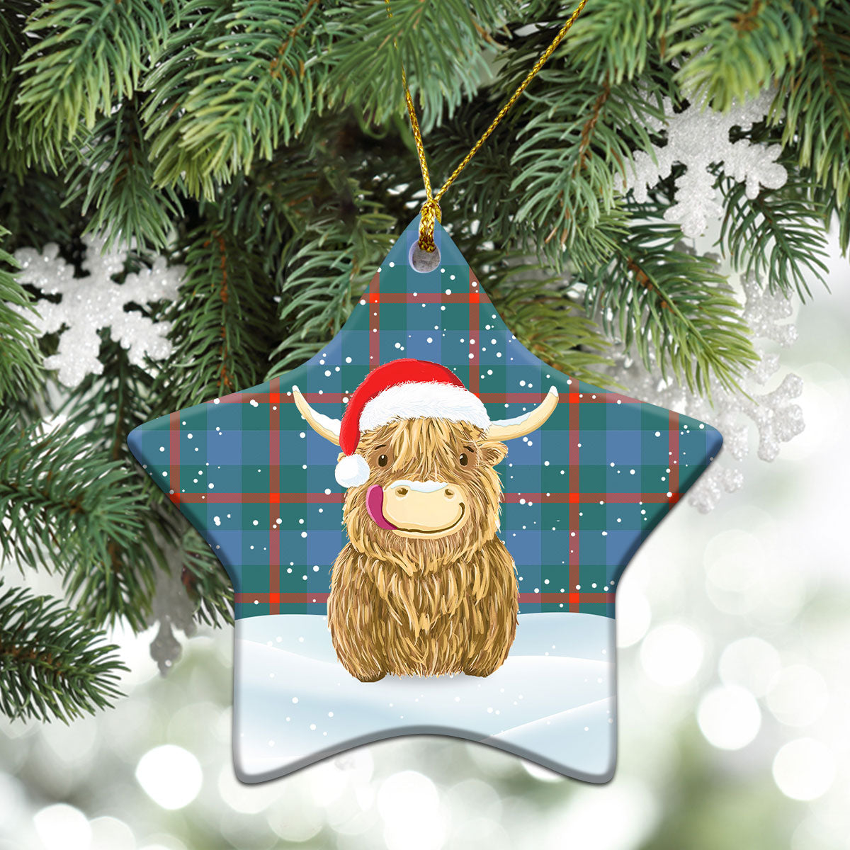 Agnew Ancient Tartan Christmas Ceramic Ornament - Highland Cows Style