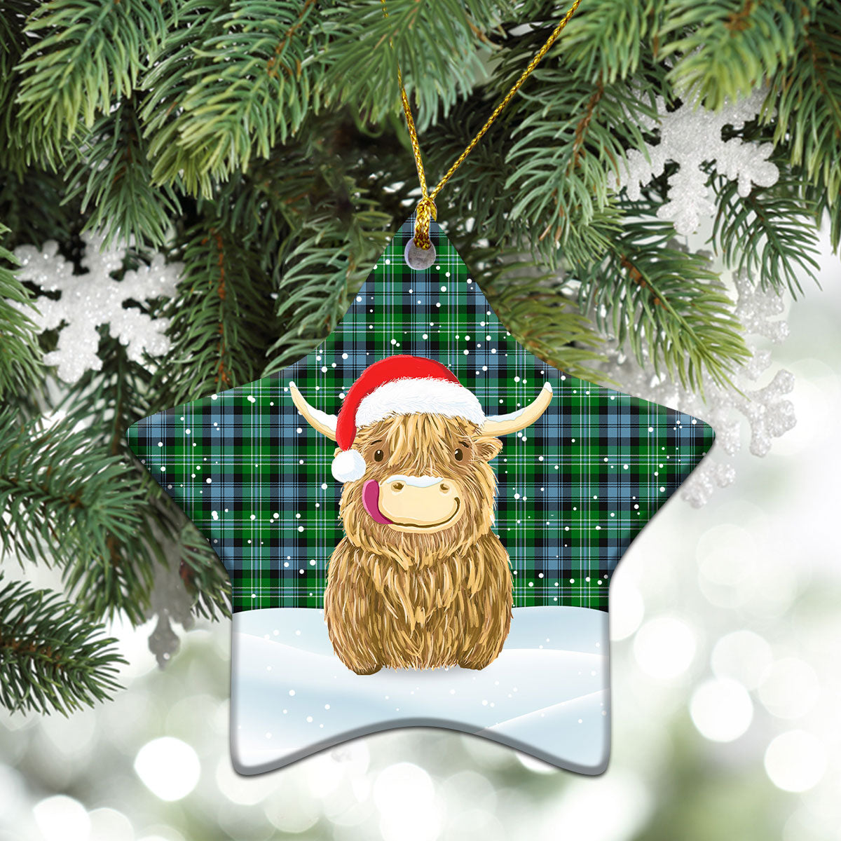 Arbuthnot Ancient Tartan Christmas Ceramic Ornament - Highland Cows Style