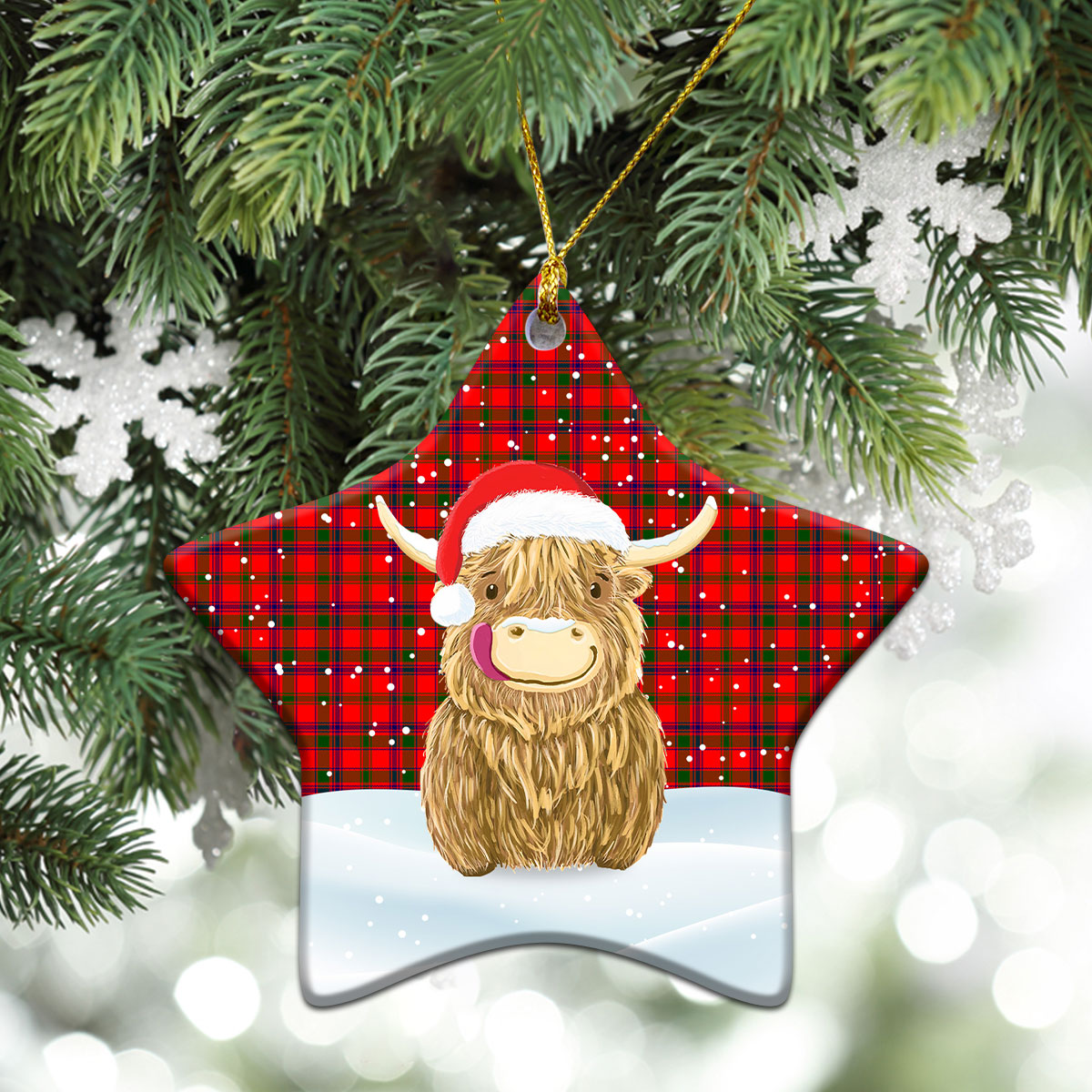 Bain Tartan Christmas Ceramic Ornament - Highland Cows Style