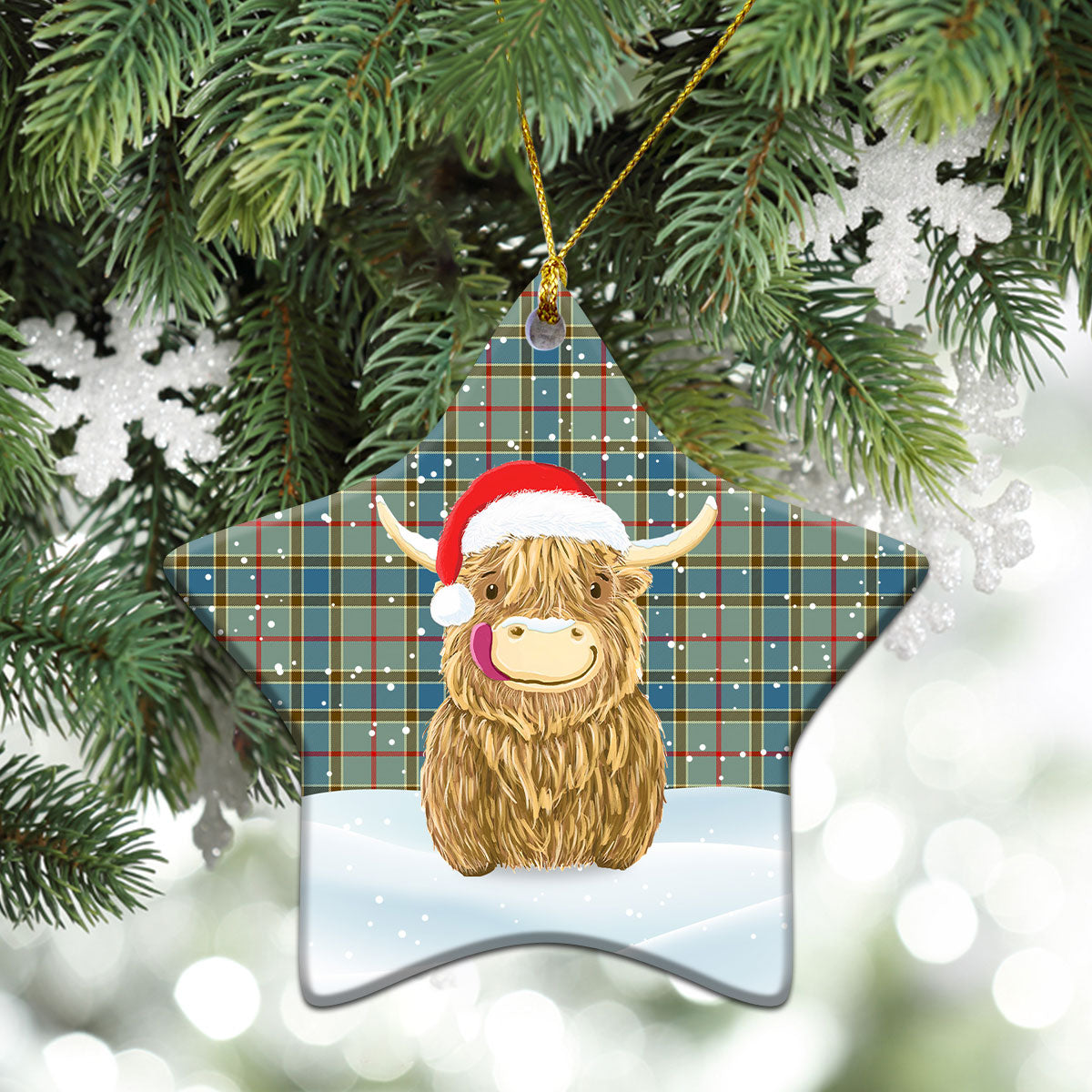 Balfour Blue Tartan Christmas Ceramic Ornament - Highland Cows Style