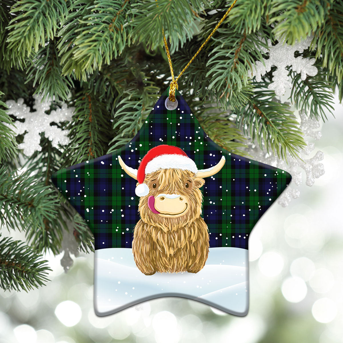 Black Watch Tartan Christmas Ceramic Ornament - Highland Cows Style