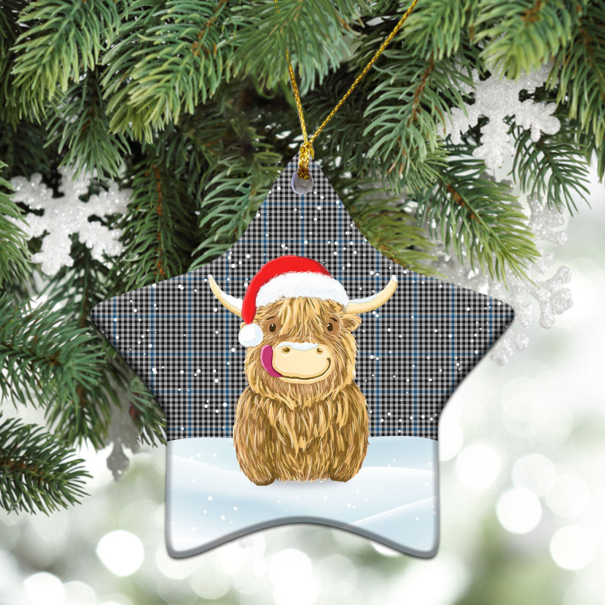 Gladstone Tartan Christmas Ceramic Ornament - Highland Cows Style