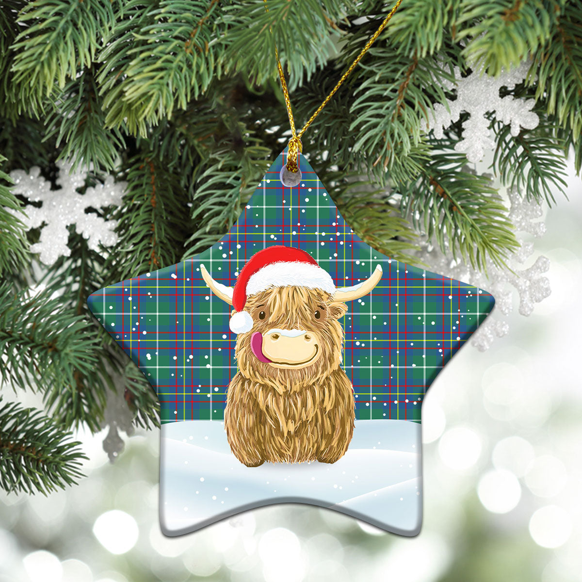 Inglis Ancient Tartan Christmas Ceramic Ornament - Highland Cows Style