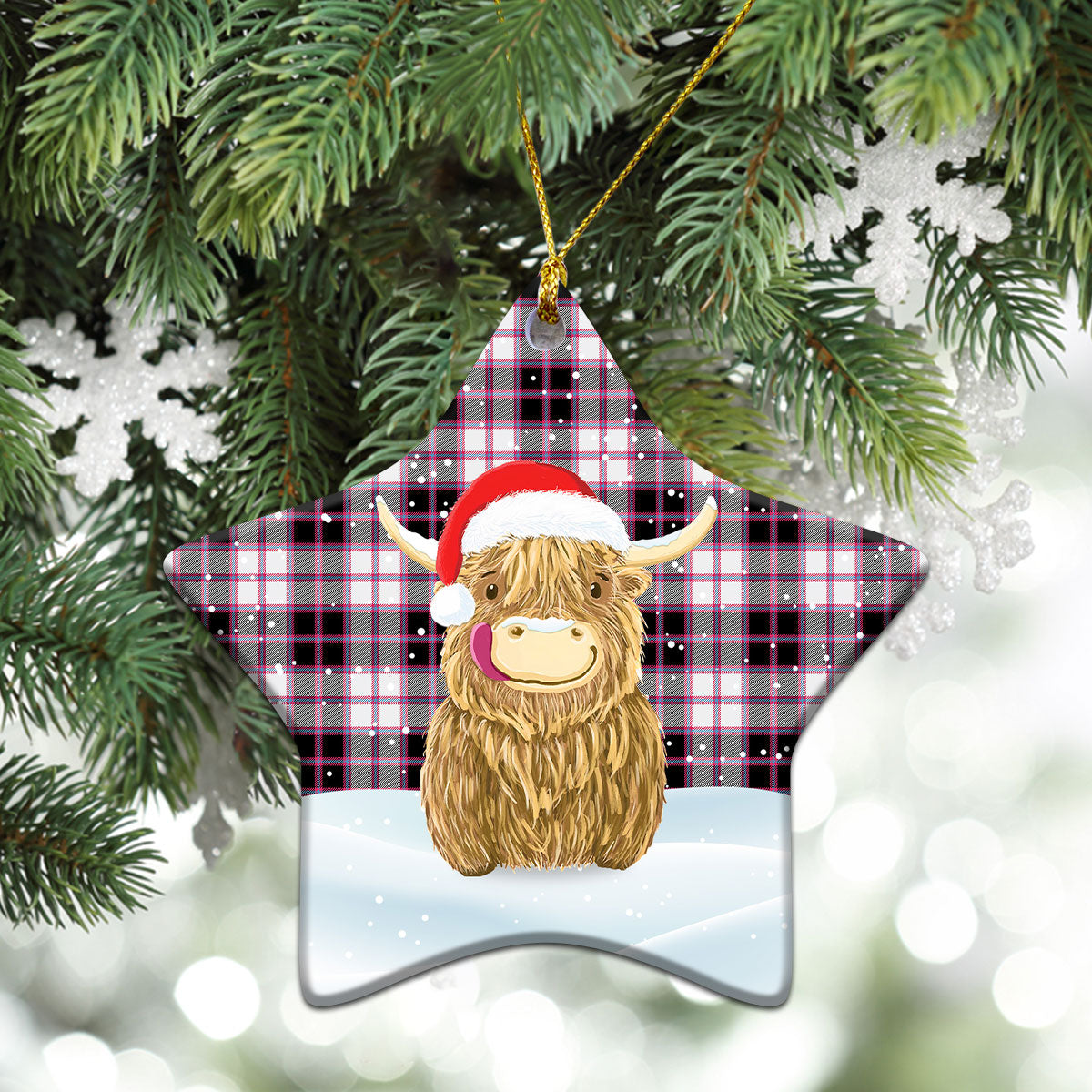 MacPherson Hunting Modern Tartan Christmas Ceramic Ornament - Highland Cows Style