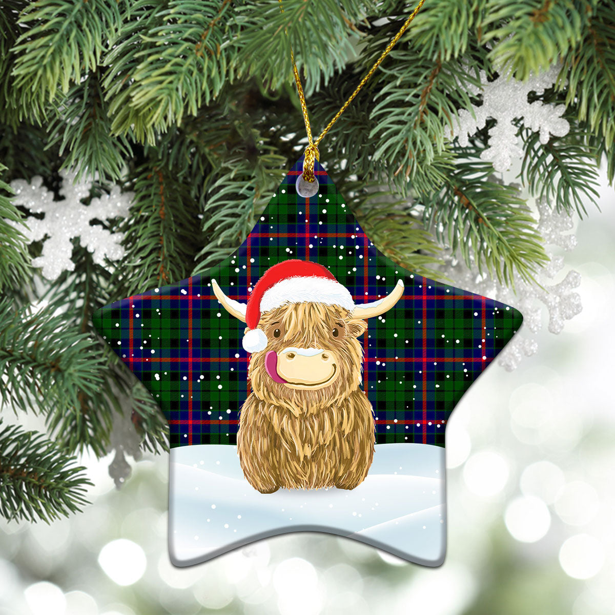 Morrison Modern Tartan Christmas Ceramic Ornament - Highland Cows Style