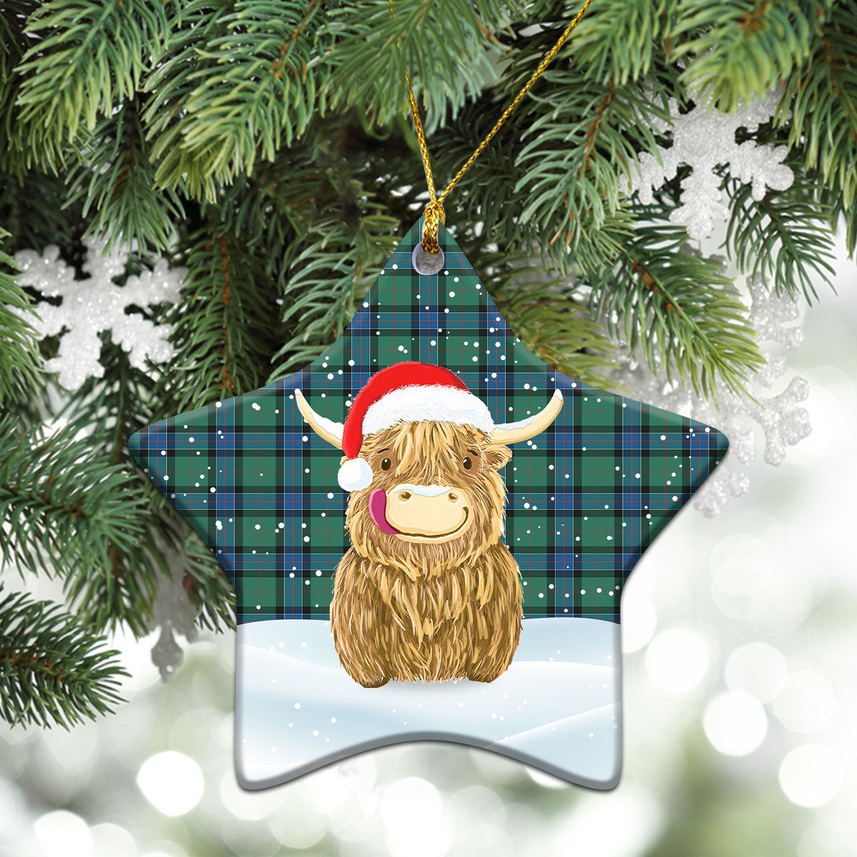 Sinclair Hunting Ancient Tartan Christmas Ceramic Ornament - Highland Cows Style